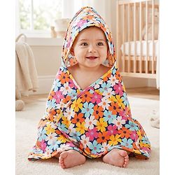 Babyhug Cotton Knit Hooded Wrapper With Floral Print L 73 x B 72 cm - Multicolour