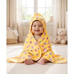Babyhug Cotton Knit Hooded Wrapper With Polka Dot Print L 73 x B 72 cm - Yellow