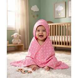 Babyhug Cotton Knit Hooded Wrapper With Polka Dot Print L 73 x B 72 cm - Pink