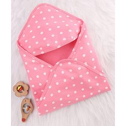 Babyhug Cotton Knit Hooded Wrapper With Polka Dot Print L 73 x B 72 cm - Pink
