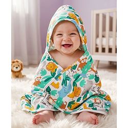 Babyhug Cotton Knit Hooded Wrapper With Jungle Theme Print L 73 x B 72 cm - White