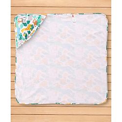 Babyhug Cotton Knit Hooded Wrapper With Jungle Theme Print L 73 x B 72 cm - White