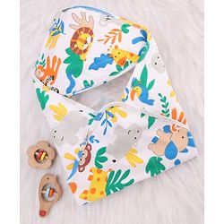 Babyhug Cotton Knit Hooded Wrapper With Jungle Theme Print L 73 x B 72 cm - White