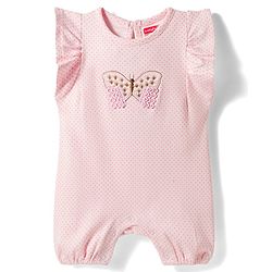 Babyhug 100% Cotton Interlock Knit Half Sleeves Romper With Polka Dots Print & Butterfly Embroidery - Baby Pink