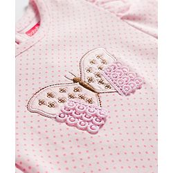 Babyhug 100% Cotton Interlock Knit Half Sleeves Romper With Polka Dots Print & Butterfly Embroidery - Baby Pink