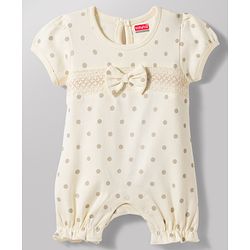 Babyhug 100% Cotton Knit Half Puffed Sleeves Polka Dot Printed Romper with Hairband & Bow Applique - Light Brown