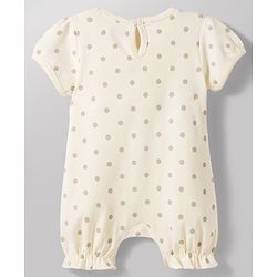 Babyhug 100% Cotton Knit Half Puffed Sleeves Polka Dot Printed Romper with Hairband & Bow Applique - Light Brown