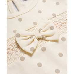 Babyhug 100% Cotton Knit Half Puffed Sleeves Polka Dot Printed Romper with Hairband & Bow Applique - Light Brown