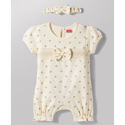 Babyhug 100% Cotton Knit Half Puffed Sleeves Polka Dot Printed Romper with Hairband & Bow Applique - Light Brown