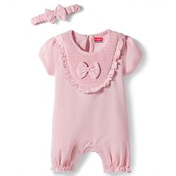 Babyhug 100 % Cotton Knit Half Sleeves Romper With Bow Applique & Headband - Baby Pink