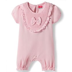 Babyhug 100 % Cotton Knit Half Sleeves Romper With Bow Applique & Headband - Baby Pink
