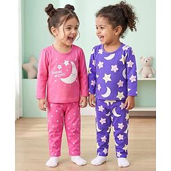 Babyhug 100% Cotton Knit Full Sleeves Moon & Star Printed Pyjama Night Suit Pack Of 2 - Pink & Purple
