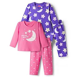 Babyhug 100% Cotton Knit Full Sleeves Moon & Star Printed Pyjama Night Suit Pack Of 2 - Pink & Purple