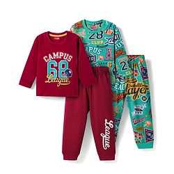 Babyhug 100% Cotton Knit Full Sleeves Sports Theme Printed Co-Ords T-Shirt & Pyjama Night Suits Pack Of 2 - Multicolour