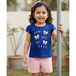 Babyhug Cotton Knit Cap Sleeves T-Shirt with Bow & Text Print - Blue