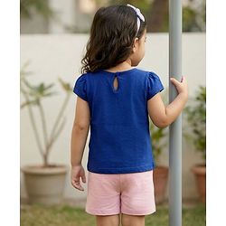 Babyhug Cotton Knit Cap Sleeves T-Shirt with Bow & Text Print - Blue