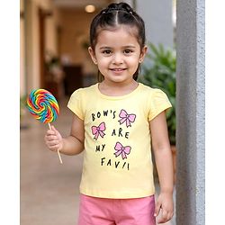 Babyhug Cotton Knit Cap Sleeves T-Shirt with Bow & Text Print - Peach
