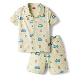 Babyhug Cotton Knit Half Sleeves Vehicles & Bear Printed Co-Ords Shirt & Shorts Night Suit - Light Green