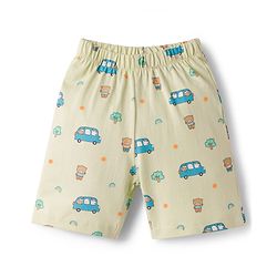 Babyhug Cotton Knit Half Sleeves Vehicles & Bear Printed Co-Ords Shirt & Shorts Night Suit - Light Green