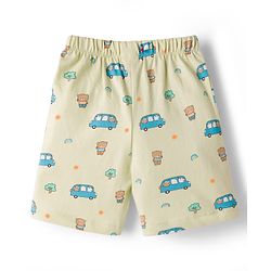 Babyhug Cotton Knit Half Sleeves Vehicles & Bear Printed Co-Ords Shirt & Shorts Night Suit - Light Green
