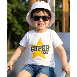 Babyhug 100% Cotton Knit Half Sleeves T-Shirt With Super Star Text Print - White