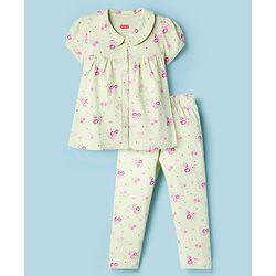 Babyhug Cotton Knit Half Sleeves Top & Pyjama Co-ord Night Suit With Floral Print - Light Green