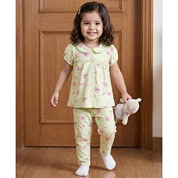 Babyhug Cotton Knit Half Sleeves Top & Pyjama Co-ord Night Suit With Floral Print - Light Green