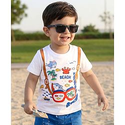 Babyhug Cotton Knit Half Sleeves T-Shirt with Beach Theme Print - White