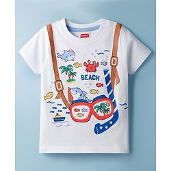 Babyhug Cotton Knit Half Sleeves T-Shirt with Beach Theme Print - White
