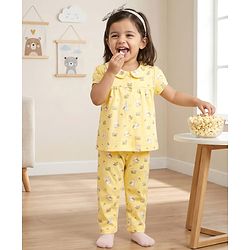 Babyhug Cotton Knit Half Sleeves Top & Pyjama Co-ord Night Suit With Bunny & Floral Print - Yellow