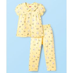 Babyhug Cotton Knit Half Sleeves Top & Pyjama Co-ord Night Suit With Bunny & Floral Print - Yellow