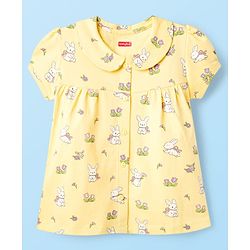 Babyhug Cotton Knit Half Sleeves Top & Pyjama Co-ord Night Suit With Bunny & Floral Print - Yellow