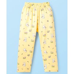Babyhug Cotton Knit Half Sleeves Top & Pyjama Co-ord Night Suit With Bunny & Floral Print - Yellow