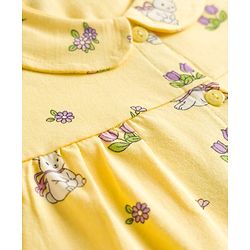 Babyhug Cotton Knit Half Sleeves Top & Pyjama Co-ord Night Suit With Bunny & Floral Print - Yellow