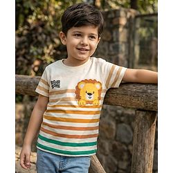 Babyhug 100% Cotton Knit Half Sleeves Striped T-Shirt With Lion Embroidery - Multicolour