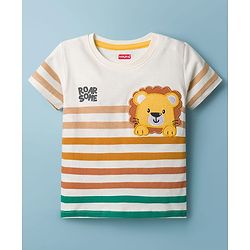 Babyhug 100% Cotton Knit Half Sleeves Striped T-Shirt With Lion Embroidery - Multicolour
