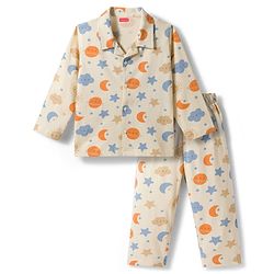 Babyhug Cotton Knit Full  Sleeves Front Open Moon & Star Printed Co-Ords Shirt & Pyjama Night Suit - Cream
