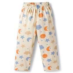 Babyhug Cotton Knit Full  Sleeves Front Open Moon & Star Printed Co-Ords Shirt & Pyjama Night Suit - Cream