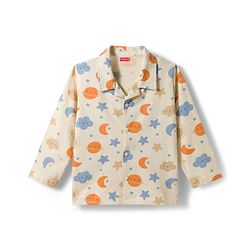 Babyhug Cotton Knit Full  Sleeves Front Open Moon & Star Printed Co-Ords Shirt & Pyjama Night Suit - Cream