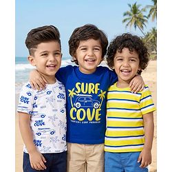 Babyhug 100% Cotton Knit Half Sleeves T-Shirts With Stripes & Beach Theme Printed Pack Of 3 - Multicolour