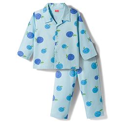 Babyhug Cotton Knit Full Sleeves Shirt & Pyjama Co-ord Night Suit With Fruit Print - Light Blue