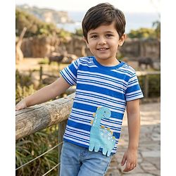 Babyhug Cotton Knit Half Sleeves Striped T-Shirt With Dino Patch - Multicolor