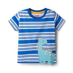 Babyhug Cotton Knit Half Sleeves Striped T-Shirt With Dino Patch - Multicolor