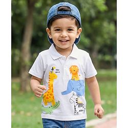 Babyhug 100% Cotton Knit Half Sleeves Polo T-Shirt with Jungle Theme Print - White
