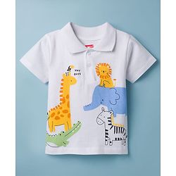 Babyhug 100% Cotton Knit Half Sleeves Polo T-Shirt with Jungle Theme Print - White