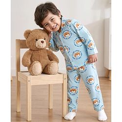 Babyhug Cotton Knit Full Sleeves Shirt & Pyjama Co-ord Night Suit With Teddy Bear Print - Light Blue