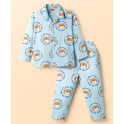 Babyhug Cotton Knit Full Sleeves Shirt & Pyjama Co-ord Night Suit With Teddy Bear Print - Light Blue