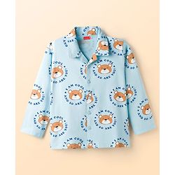 Babyhug Cotton Knit Full Sleeves Shirt & Pyjama Co-ord Night Suit With Teddy Bear Print - Light Blue