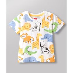 Babyhug 100% Cotton Knit Half Sleeves Animal Printed T-Shirt - Multicolour