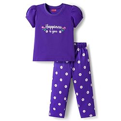 Babyhug Cotton Knit Half Puffed Sleeves T-Shirt & Pajama Night Suit with Floral Print - Purple